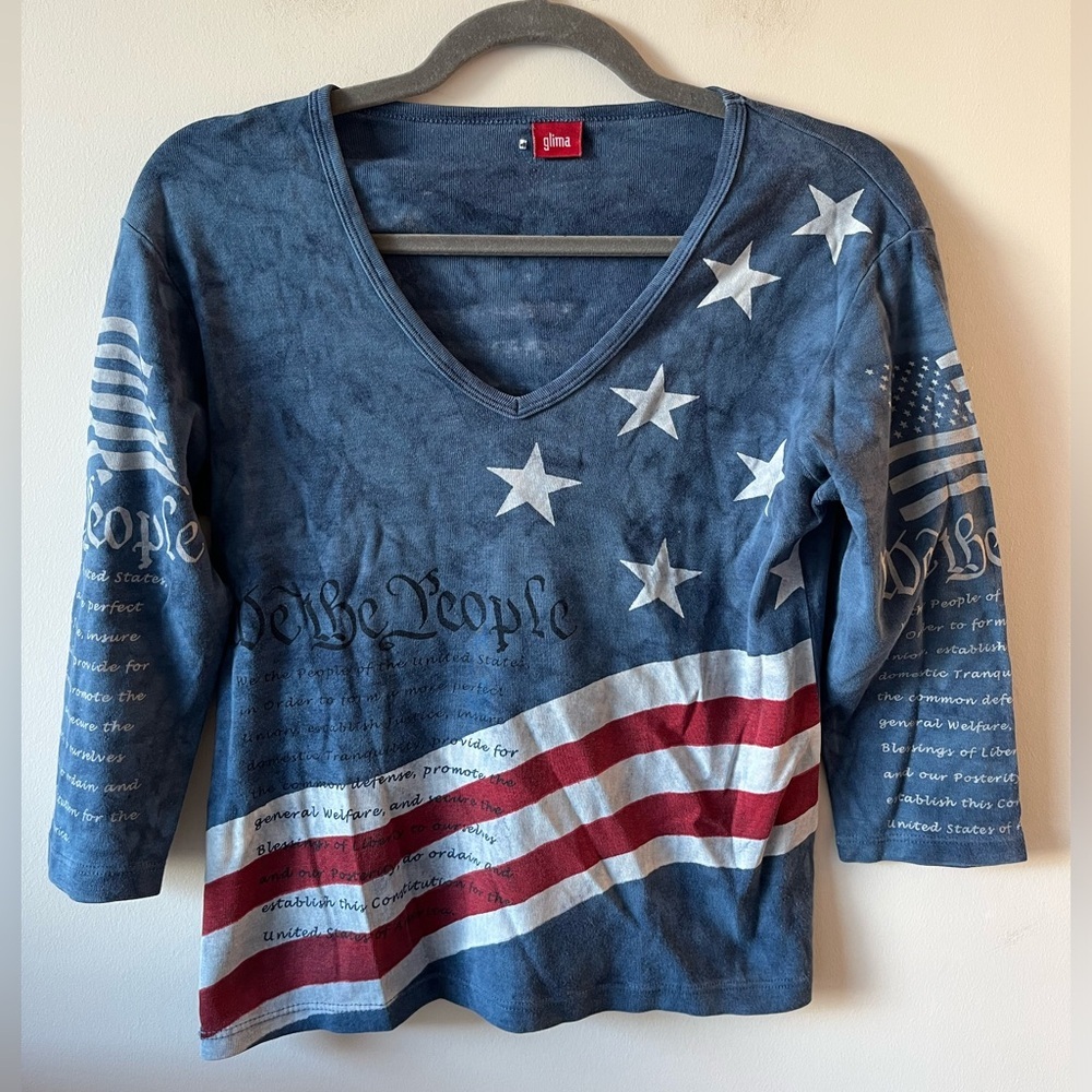 Glima Vintage American USA New York Graphic Patriotic V-Neck Top